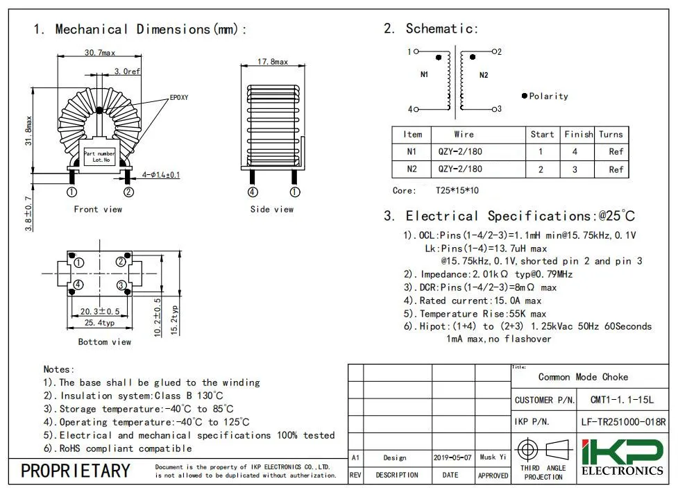 1.1mh モーターサイクルの部品のための通用モード窒息誘導器